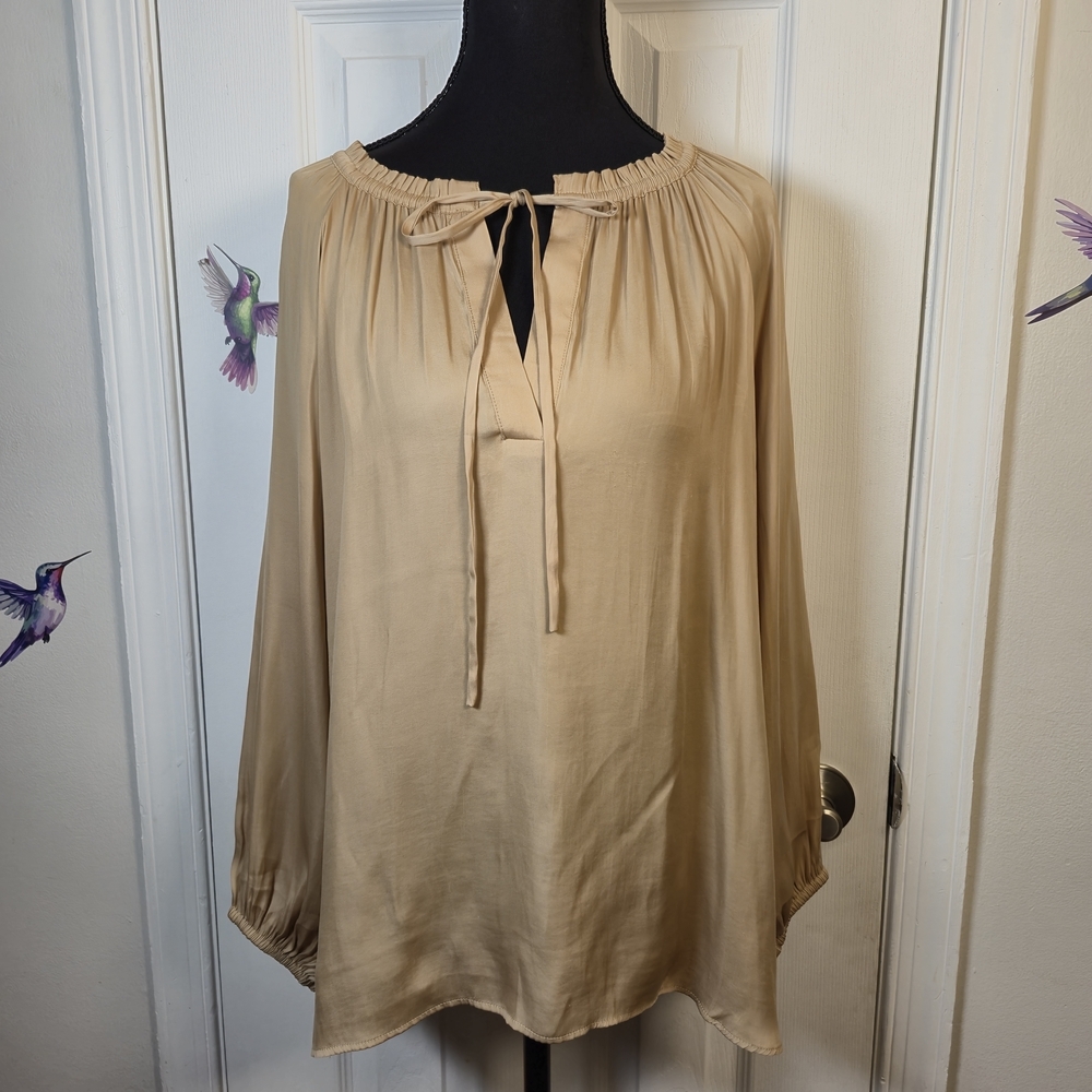 Ann Taylor Champagne Satin Peasant Blouse Boho Tie Neck Bishop Sleeve M - Picture 3 of 6